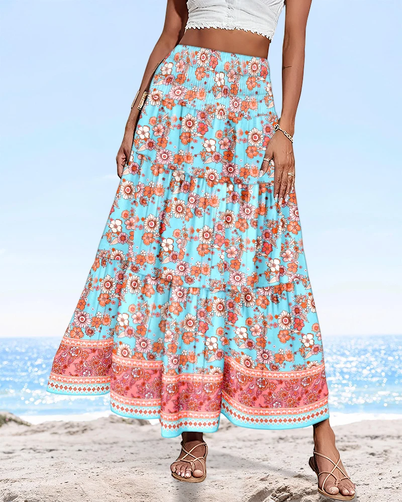 Women's printed long skirt elegant high waisted A-line long skirt fashionable and casual 2025 summer new women's clothing