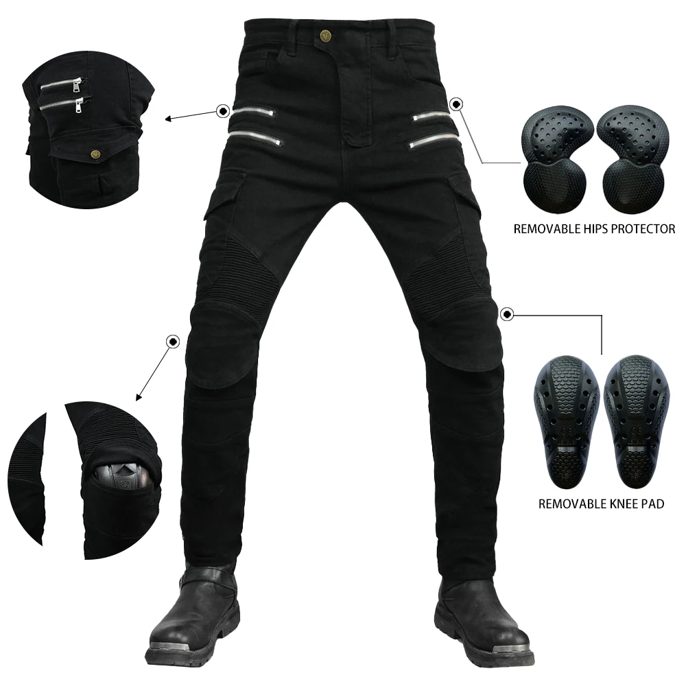 New Moto Jeans for Men Black Women Motocross Racing Trousers with 4 Knee Hip Protective Pads Motorcycle fou Seasons Riding Pants