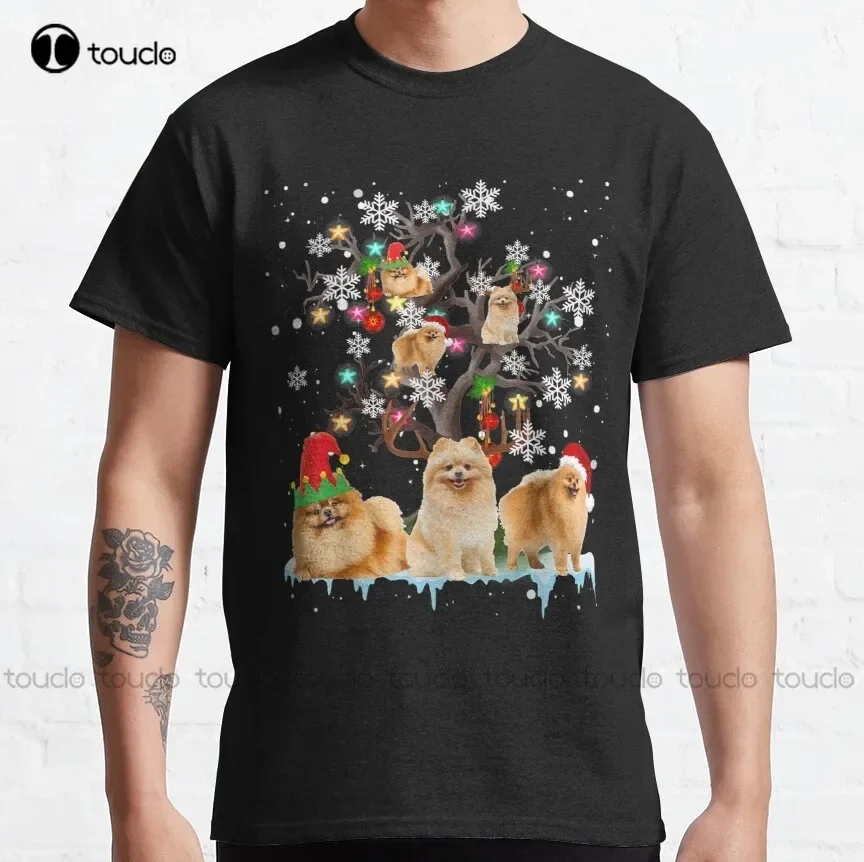 Christmas Pomeranian On Tree Santa Pomeranian Dog Lover Classic T-Shirt Shirts For Men Short Sleeve Custom Aldult Teen Unisex