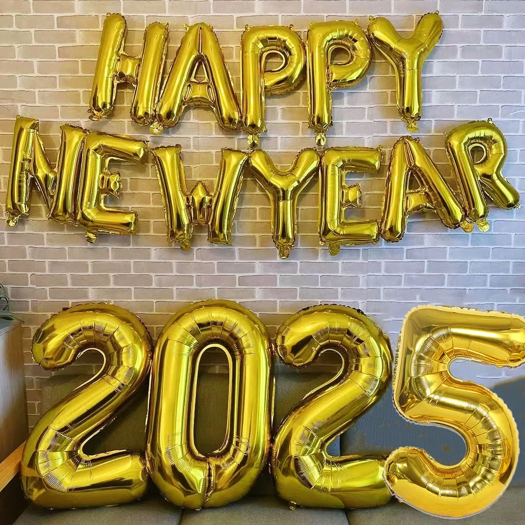 Globos de papel de aluminio con letras y números, pancarta de Feliz Año Nuevo, oro rosa, decoración de fiesta de Nochevieja, 2025