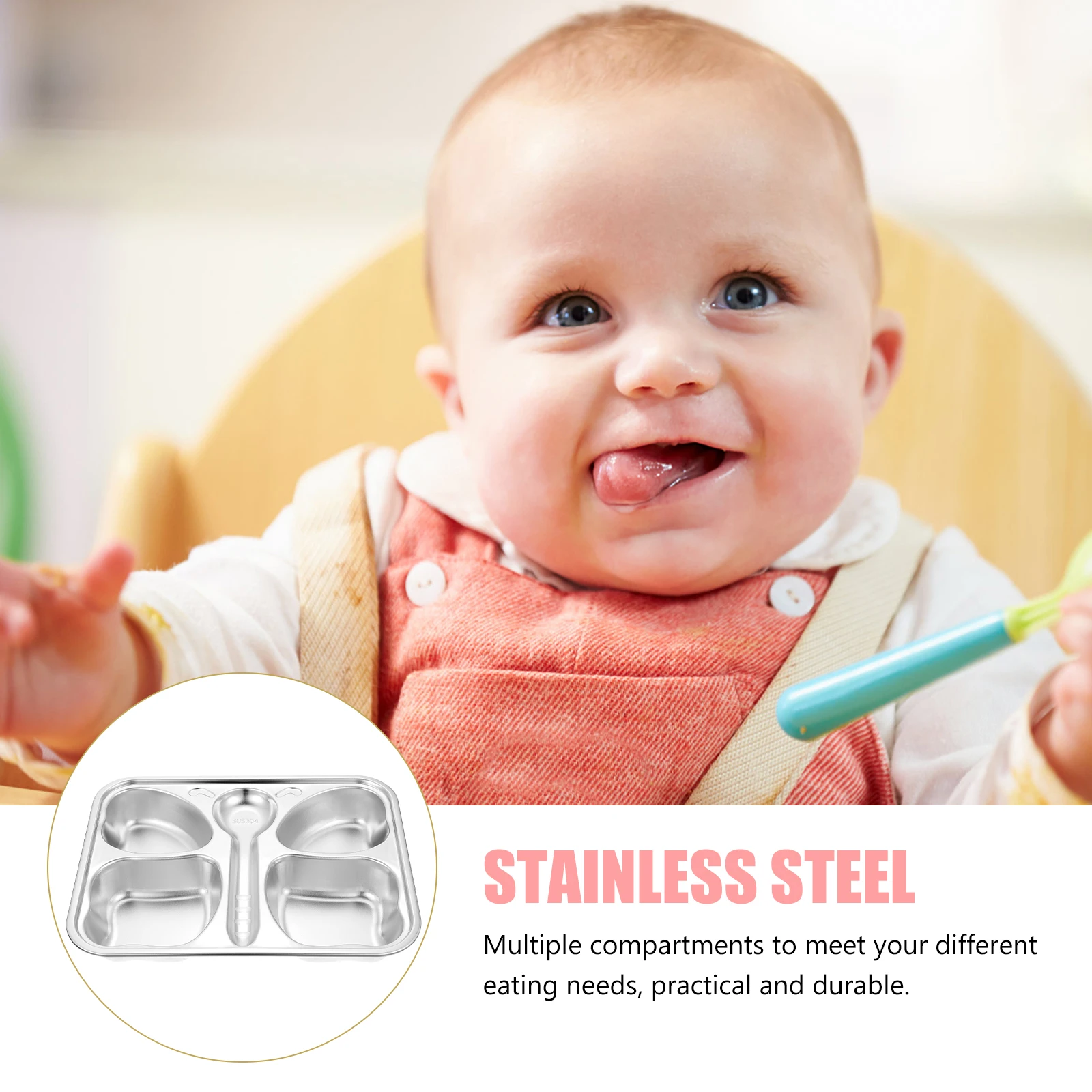 

1pc Stainless Steel Divided Plate Child Food Plate Leakproof Stackable Compartment Meal Serving Container For Kids Home