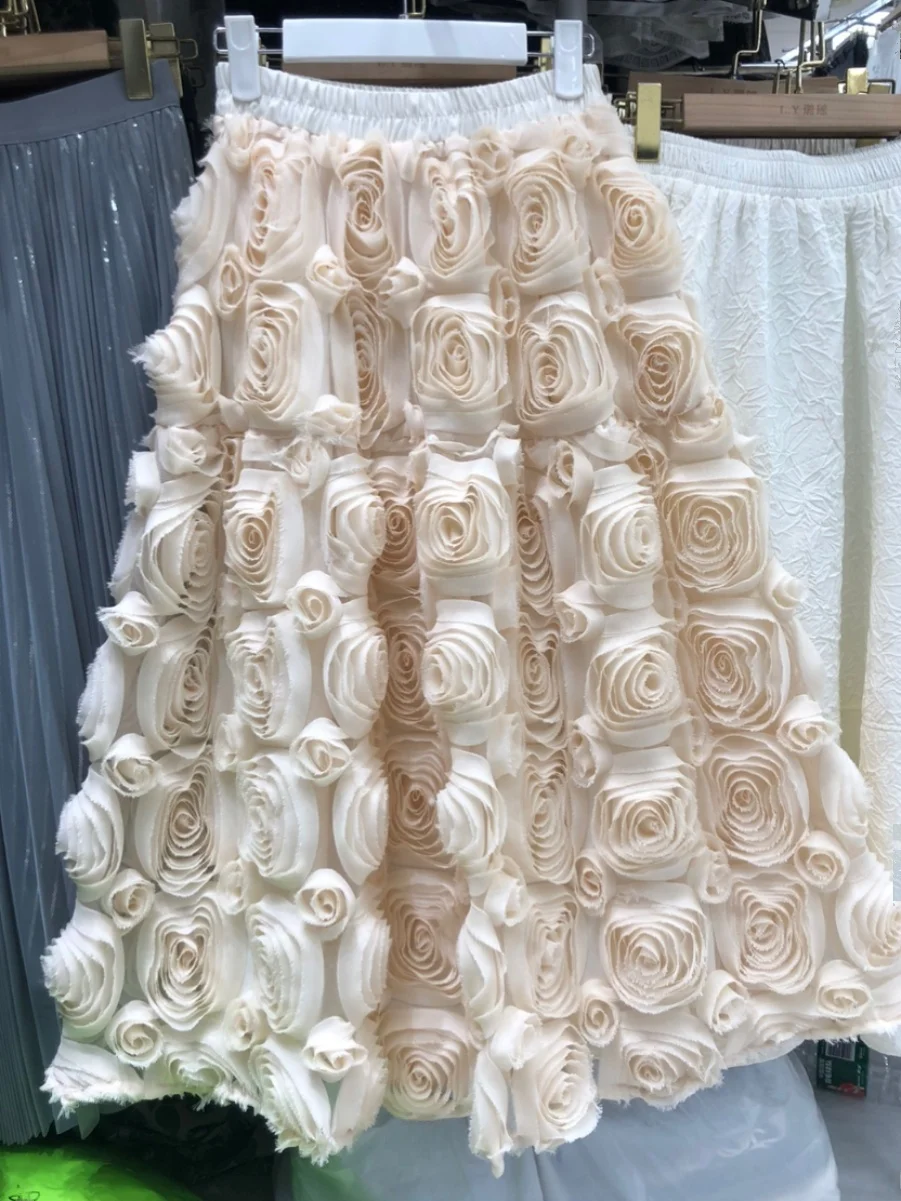 Primavera 2025 novo sle trabalho pesado 3d flor f saia faion cintura alta a linha saia longa feminina doce bolo saia ort saia