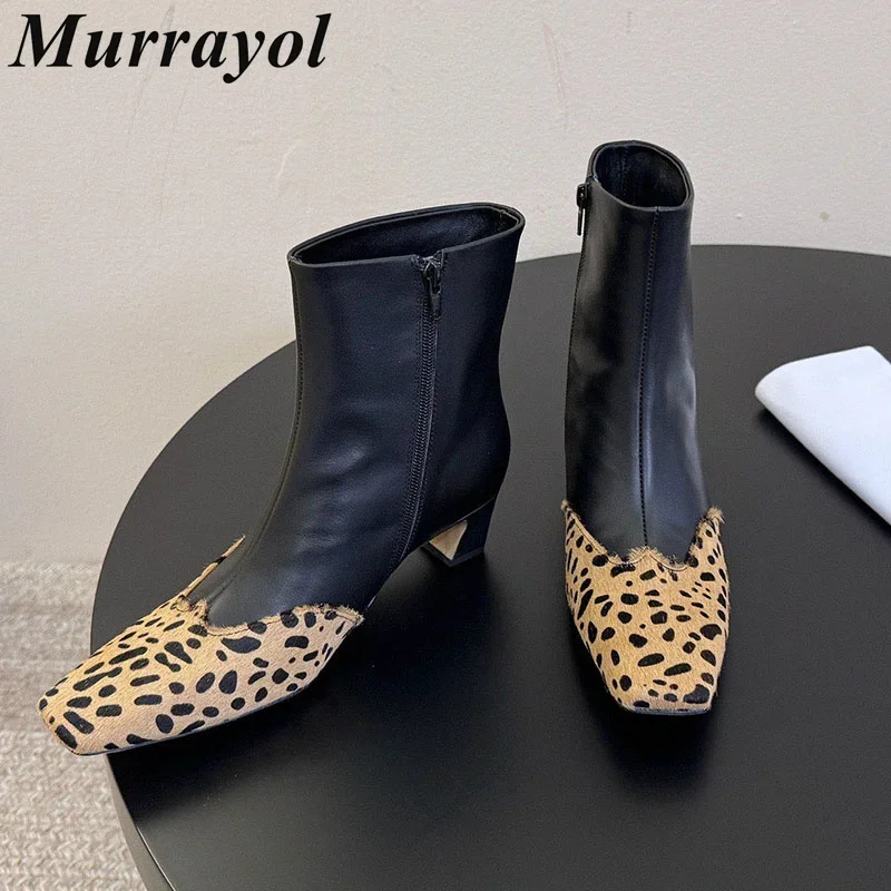 Chelsea Boots Real Leather Leopard Pattern Mid-Calf Botas Women Square Toe Chunky High Heels Spring Autumn Patchwork Short Boots