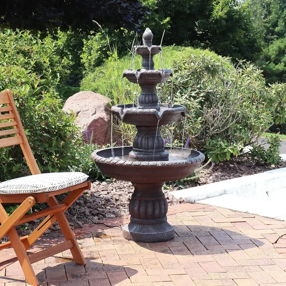 Mediterranean 49-Inch 4-Tiered Outdoor Water Fountain - Electric Submersible Pump - Fiberglass and Resin Light Brown