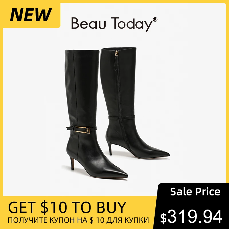 BEAUTODAY High Heel Boots Women Genuine Cow Leather Pointed Toe Zip Closure Modern Boots Ladies Thin Heel Shoes Handmade 01345