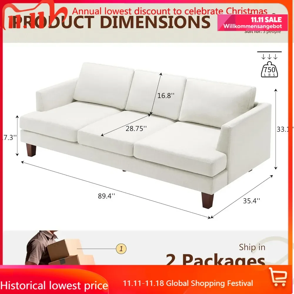 

3 Seater Sofa Couch with Deep Seats, 89" Mid Century Modern Upholstered Sofa with Armrests, Comfy Couches for Living Room