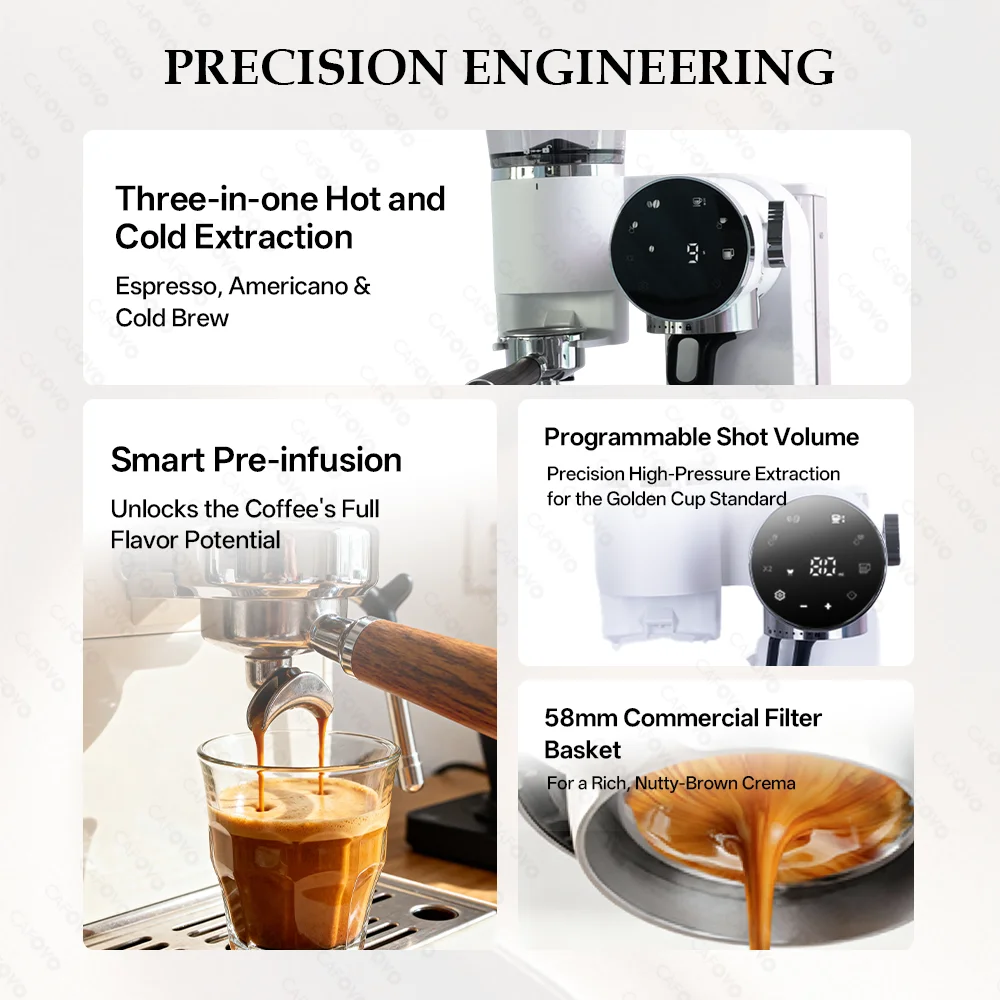 CAFOVO CG01 15 Bar 58mm Semi-Automatic Espresso Machine with Grinder With 30-Step Grinder Cold Brew Coffee Maker for Home Cafe