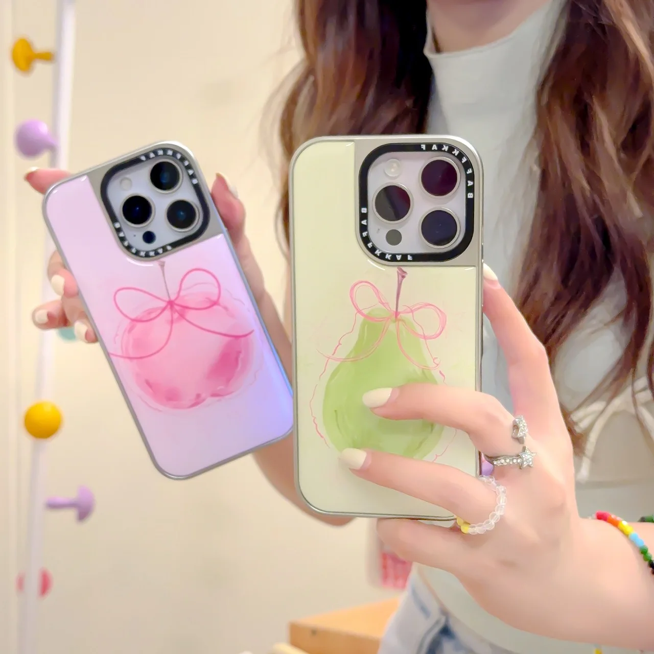 

Watercolor Graffiti Bow Fruit Pear Apple Electroplating Frame Phone Case For iPhone 13 14 15 16 Pro Max Anti Drop Case
