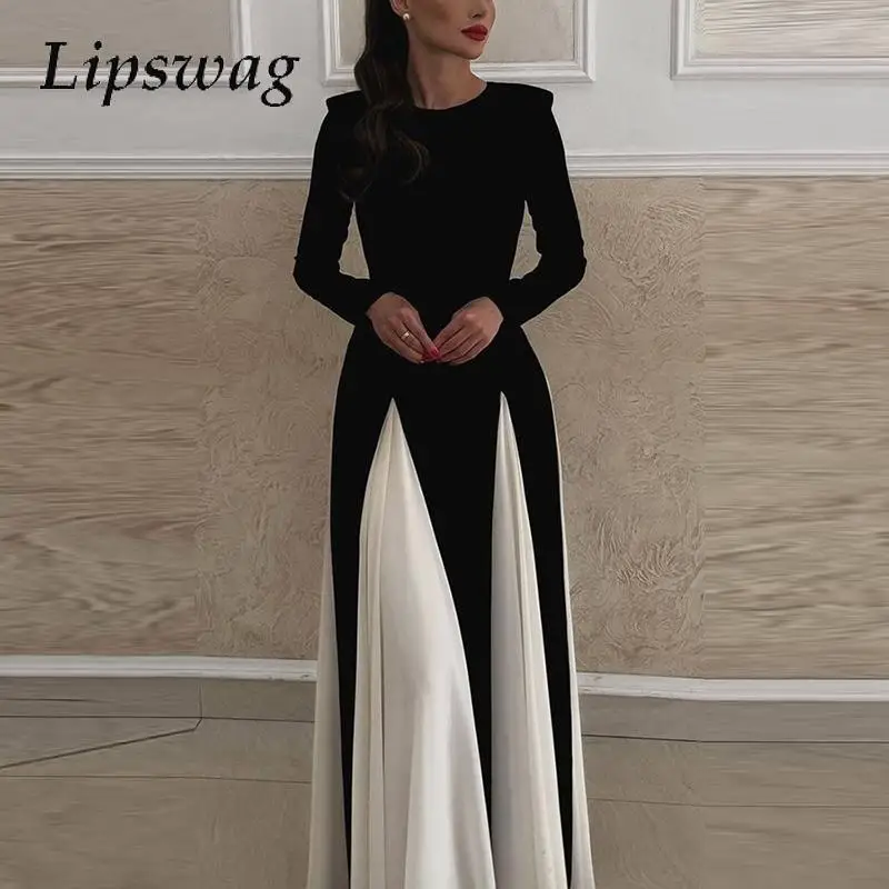 Women 2024  Crew Neck Long Sleeve Maxi Dress New Winter Splicing Party Dress Elegant Lady Contract Color Full Length Club Dress