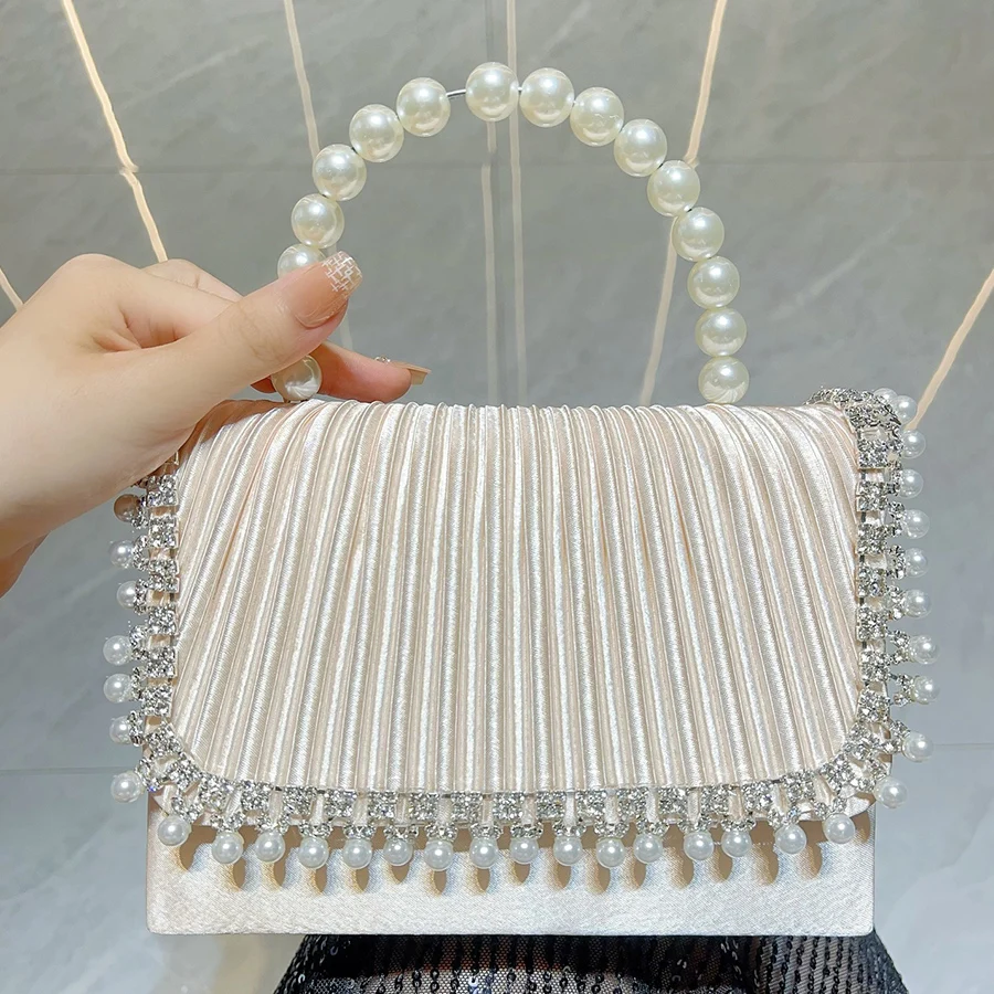 

Women Pleated Handbags Crystal Beaded Small Square Shoulder Bag Flap Crossbody Purse Shiny Hobo Bag Wedding Party Bridal Clutch