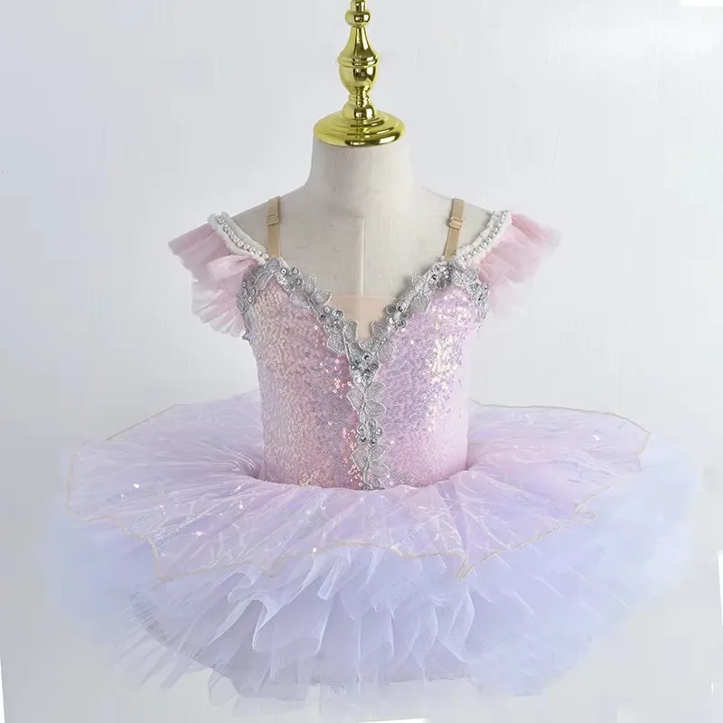 Saia de balé com lantejoulas bufantes para meninas, tutu profissional para crianças, performance de dança de cisne, vestido de princesa infantil