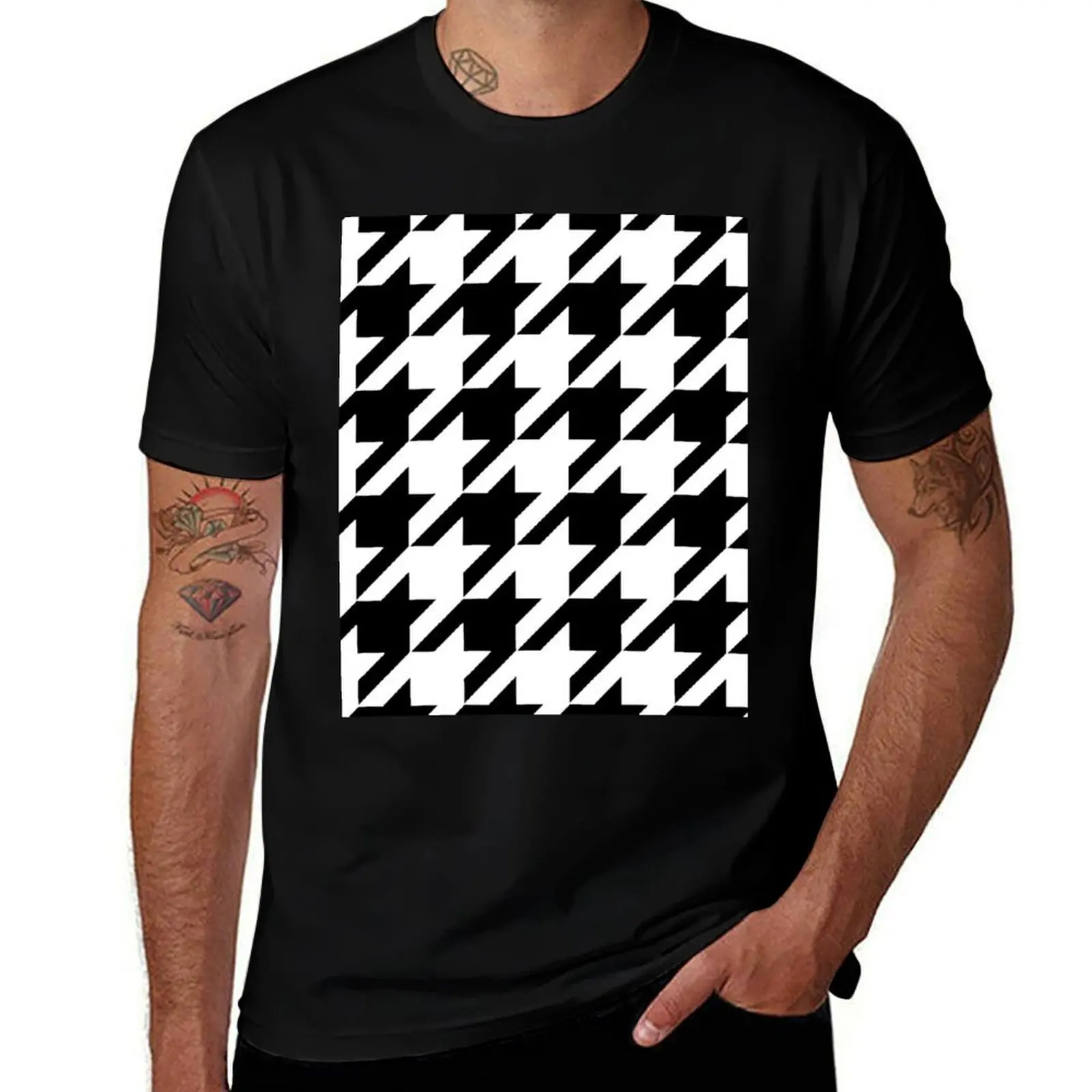 Large Traditional Black and White Houndstooth big geometric pattern T-Shirt man t shirts cotton cotton tshirt 100% T-shirt