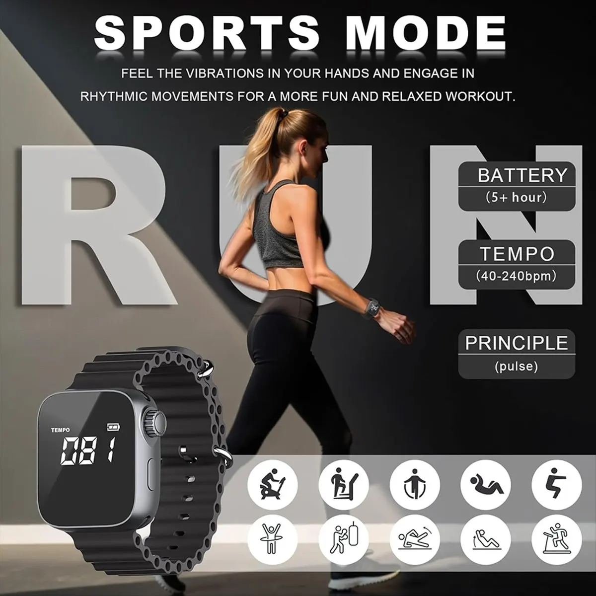 ساعة المسرع الاهتزازية للموسيقيين والتمارين، وضع النبض الرياضي [AA74-AAA]