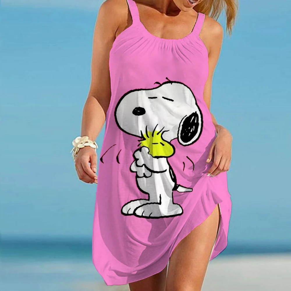 

Elegant Dresses for Woman Cartoon Casual Women's Dress Snoopy print Summer Youthful Girls Sexy Clothing Cartoon Tops sling Beach