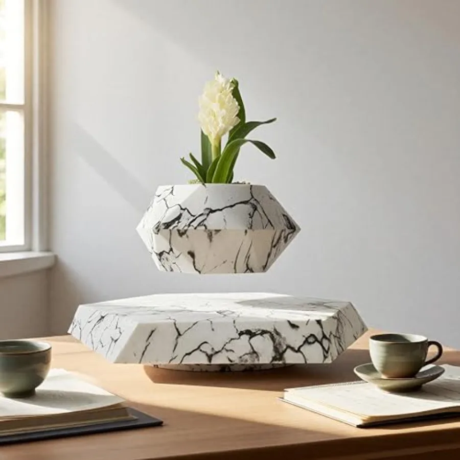 Marble Nursery Pot for indoor succulent decor: white marble, 360 sunlight exposure, lightweight yet sturdy, elegant floating pl