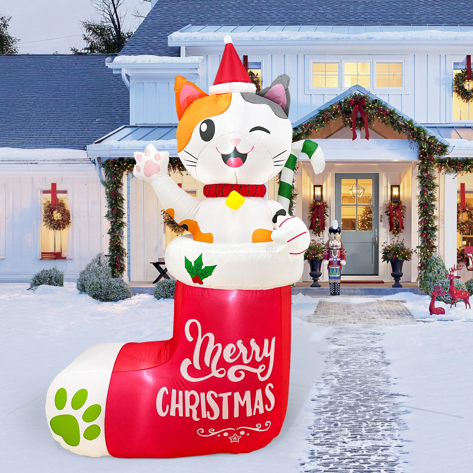 OurWarm 6FT Christmas Inflatables Outdoor Decorations, Christmas Blow Ups Dog in Xmas Stocking with Build-in LEDs and Candy