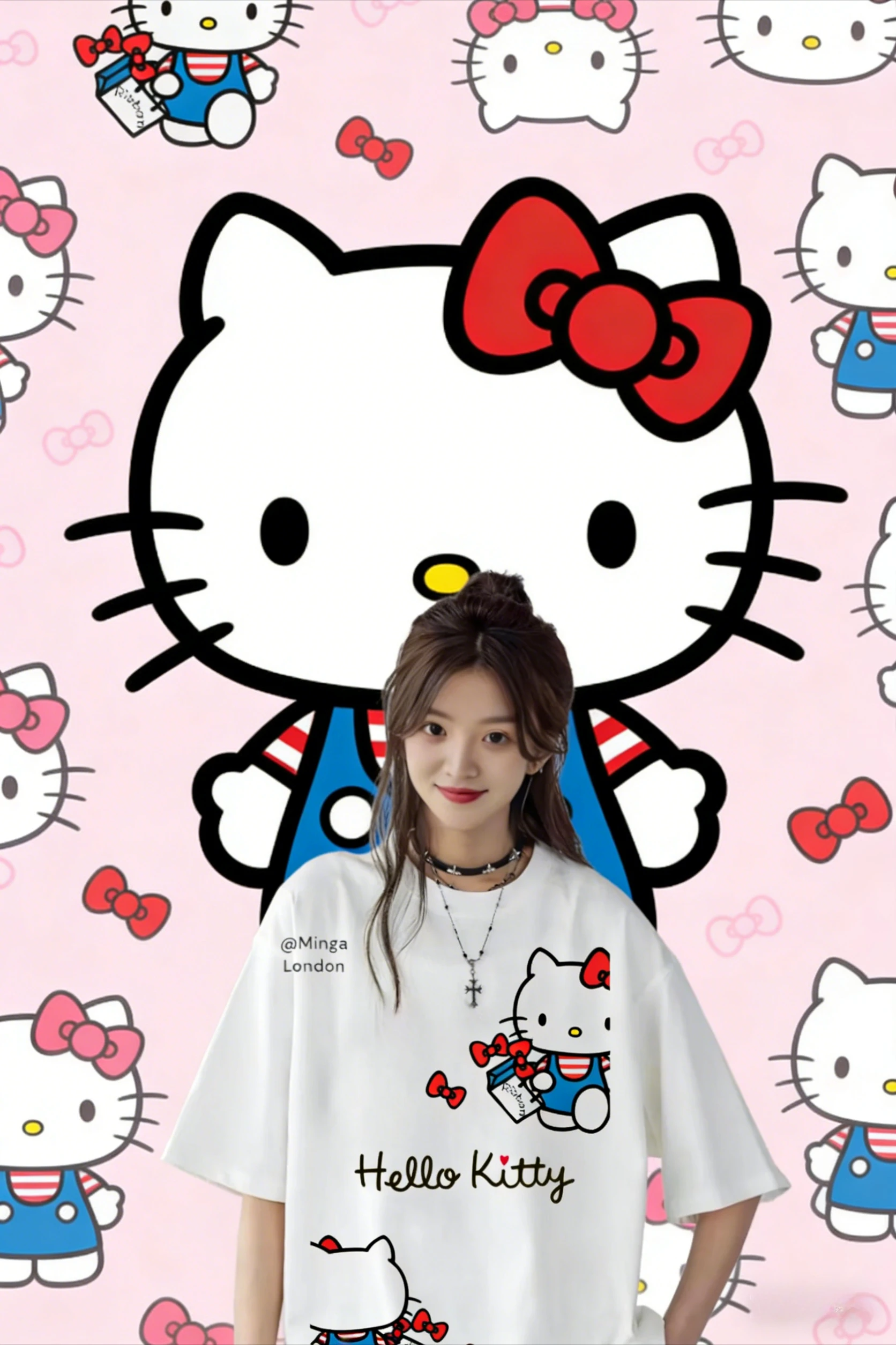 

Летняя футболка оверсайз 2026 с принтом Hello Kitty в классическом стиле (сидячая фигурка), 100% хлопок, для взрослых и детей, семейный комплект