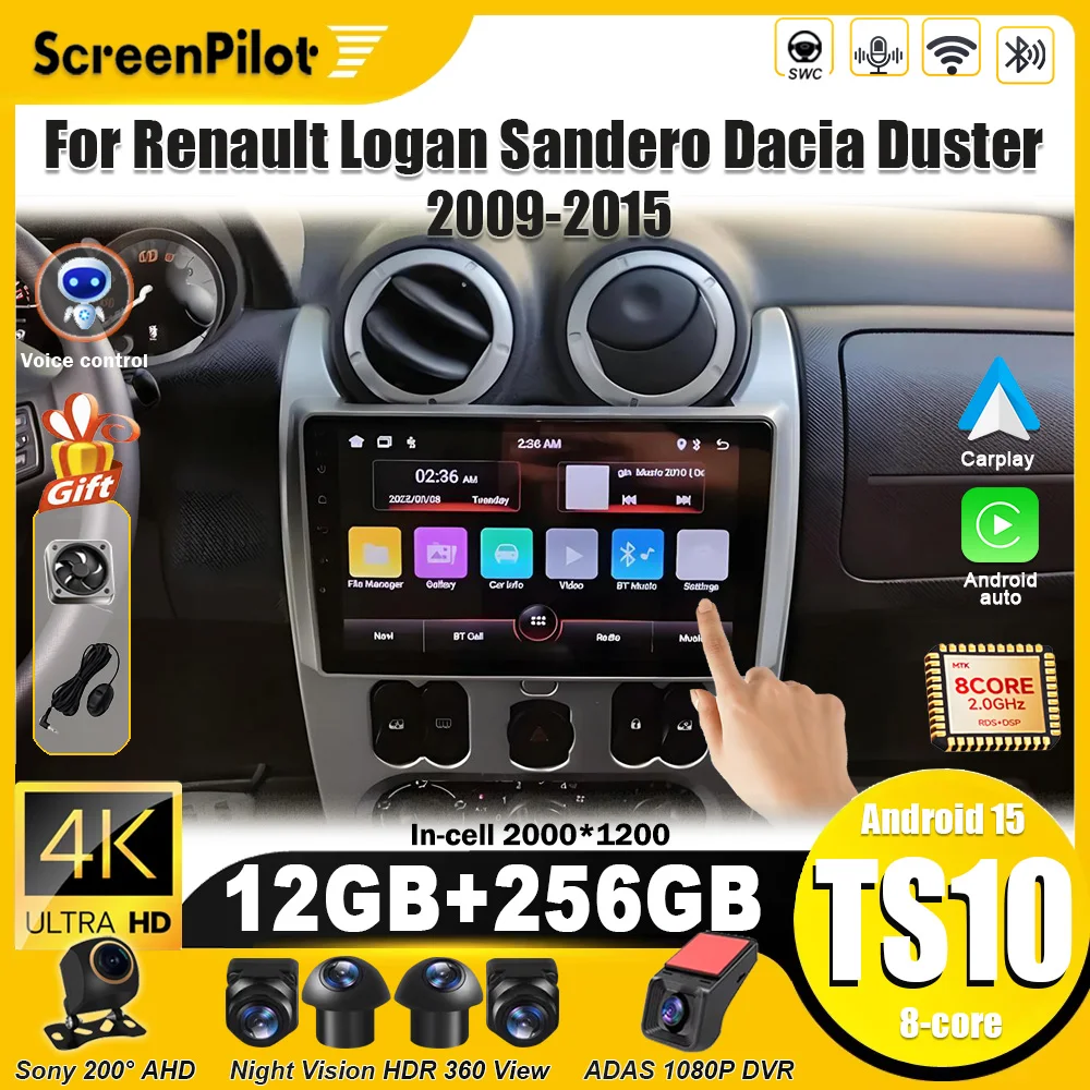 Radio para Auto con Android 16 para Renault Logan, Sandero, Dacia Duster 2009-2015, Lada Largus 2012-2020, Nissan NP 200 2010-2013, Carplay, RDS