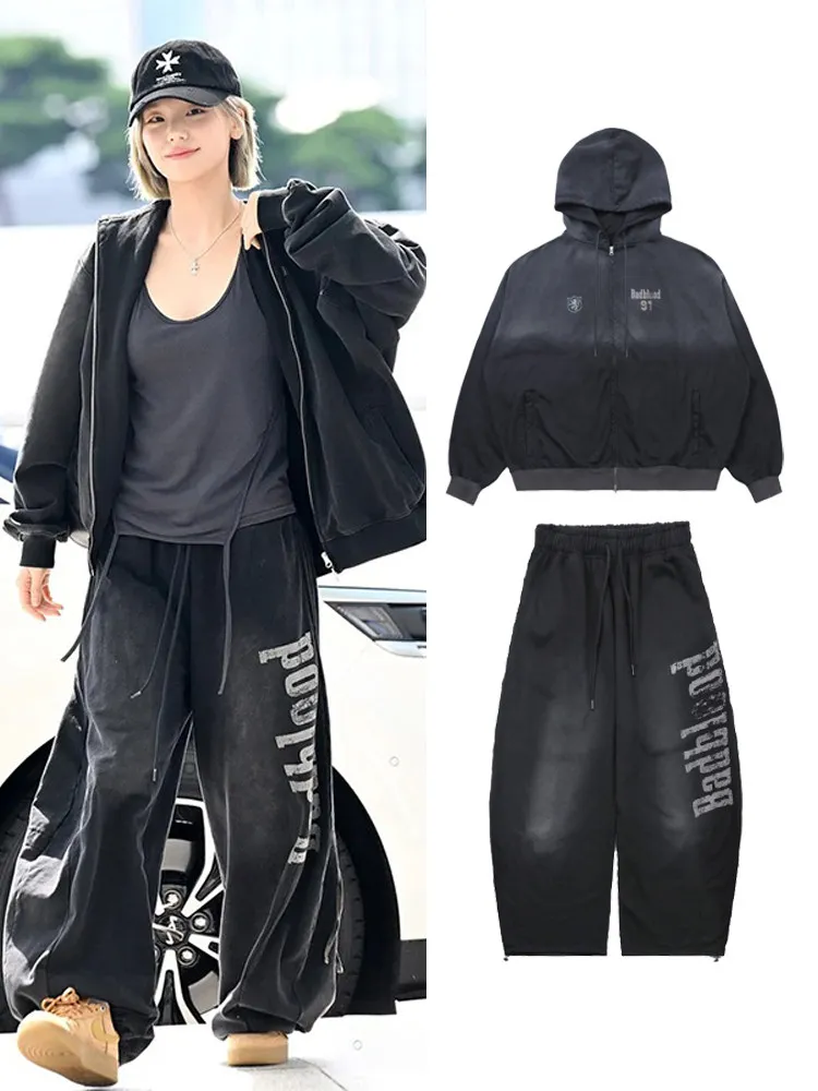 

Комплект худи Waed American Sle с молнией, длинными рукавами и буквенным принтом, повседневная уличная одежда для девочек, свободный крой, зимний наряд