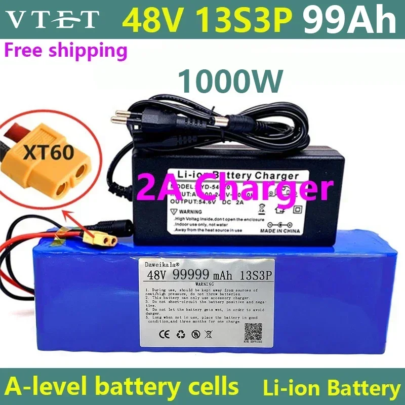 

New 13S3P XT60 48V 99999Ah 1000w 48V Lithium Ion Battery Pack 99Ah for 54.6v E-bike Electric Bicycle Scooter with BMS+54Vcharger