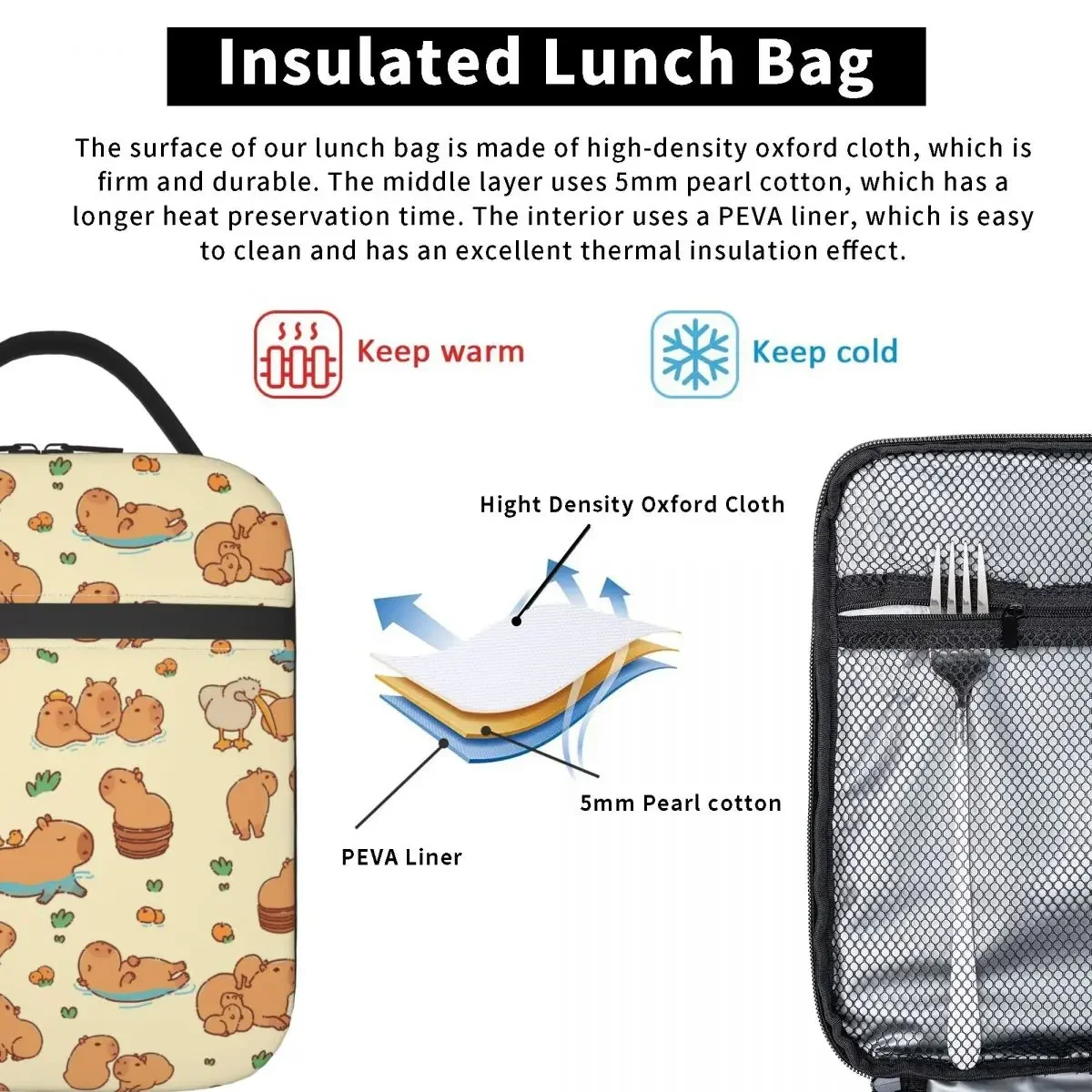 Cute Capybara And Pelican Accessories Insulated Lunch Bag For School Food Box Leakproof Thermal Cooler Lunch Boxes