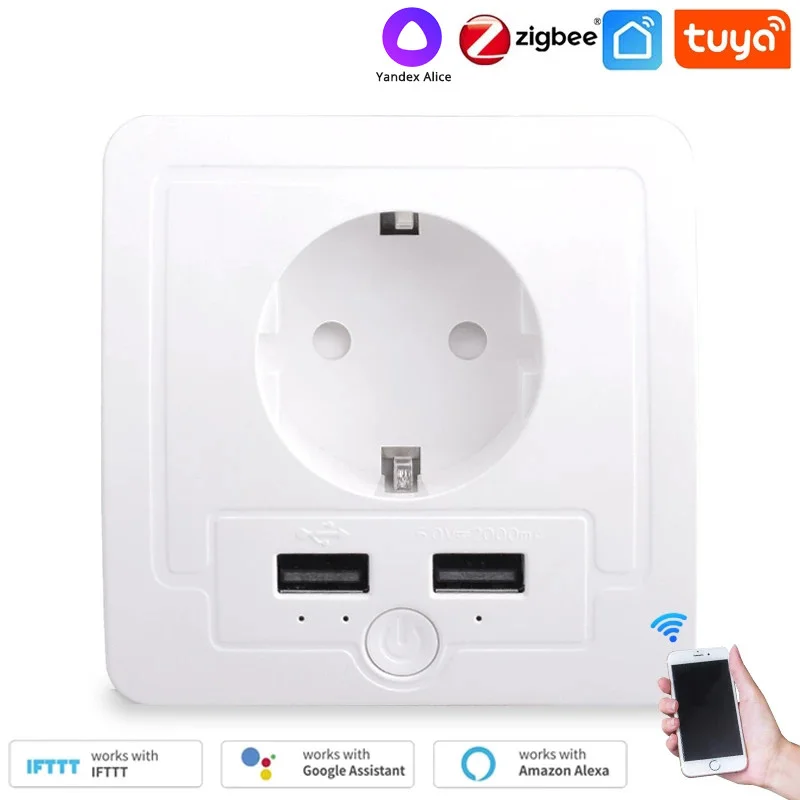 Tuya Wall EU Socket Zigbee 3.0/Wifi 2 USB Charging Port Independent Control Timer Switch Programmable With Alexa Google Home
