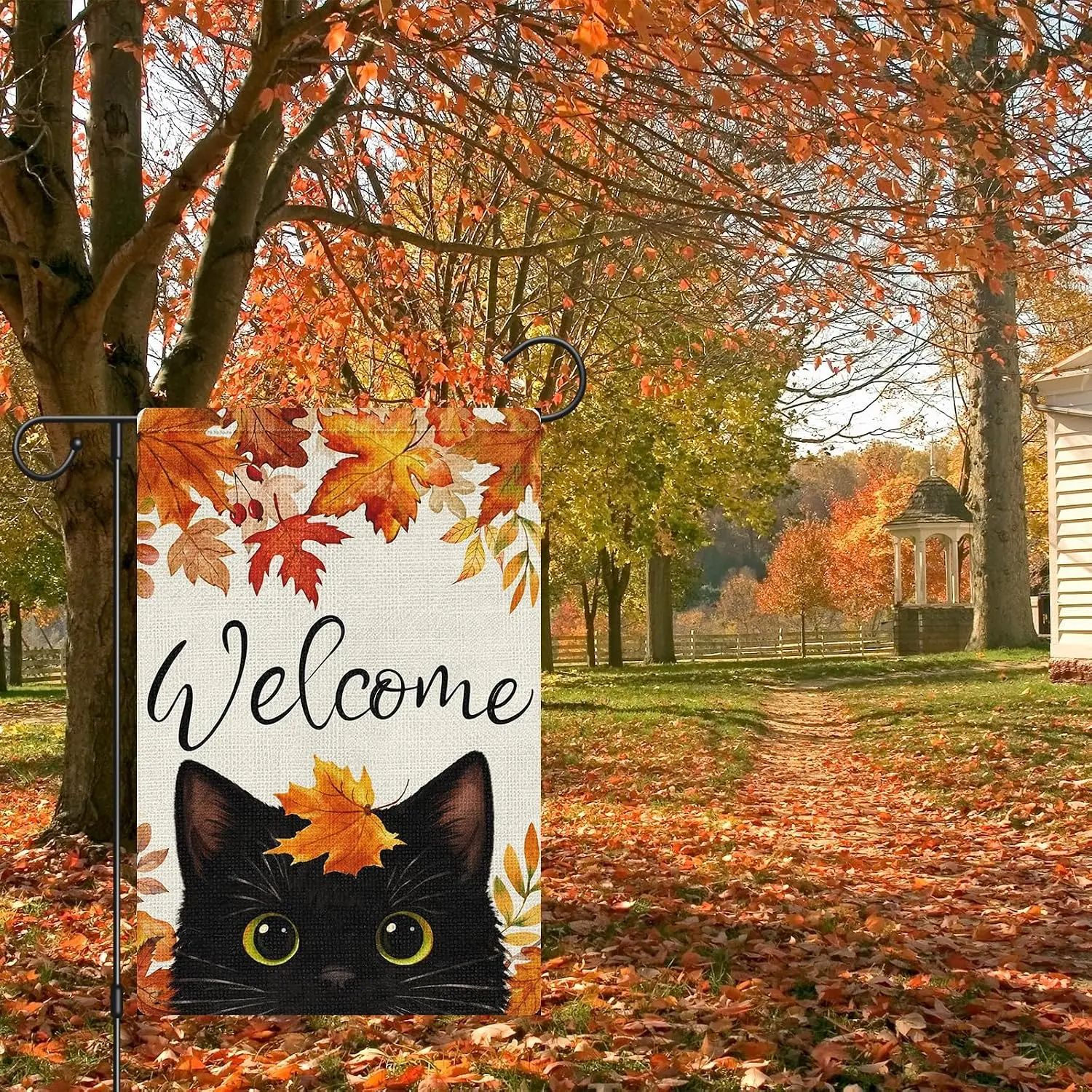 Heyfibro Welcome Fall Black Cat Garden Flag 12x18 Double Sided Burlap, Autumn Maple Leaf Yard Banner for Thanksgiving Rustic uui