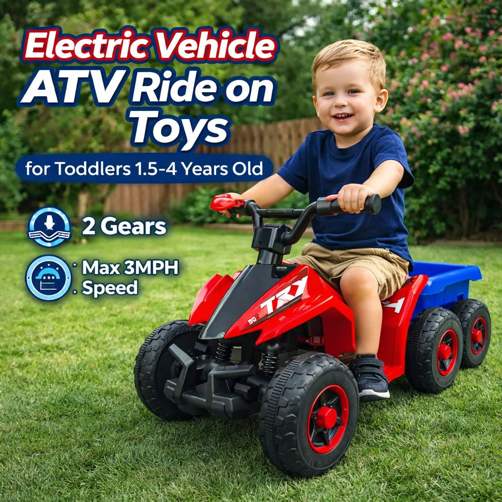 

Электрический квадроцикл-каталка для малышей 1,5-4 лет с задним ковшом, передним/задним ходом, 2 скоростями, максимальная скорость 3 миль/ч, большие колеса