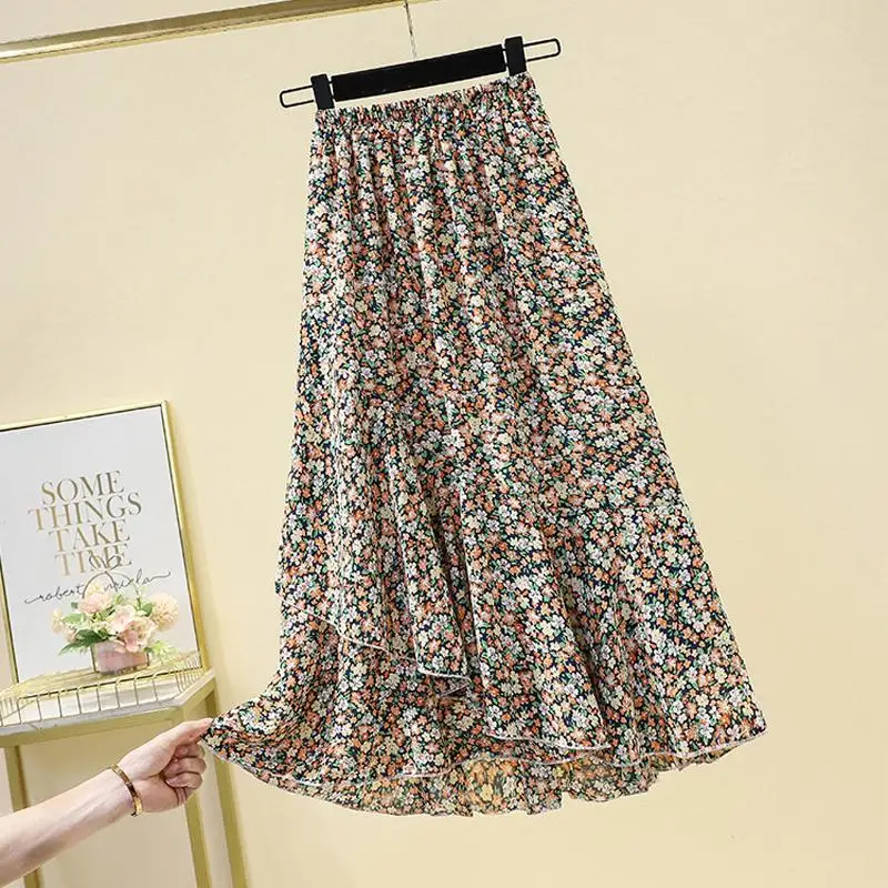 レディース シフォン 花柄 Aライン スカート ミドル丈 ウエストゴム 軽量 通気性 デイリー カジュアル 春夏