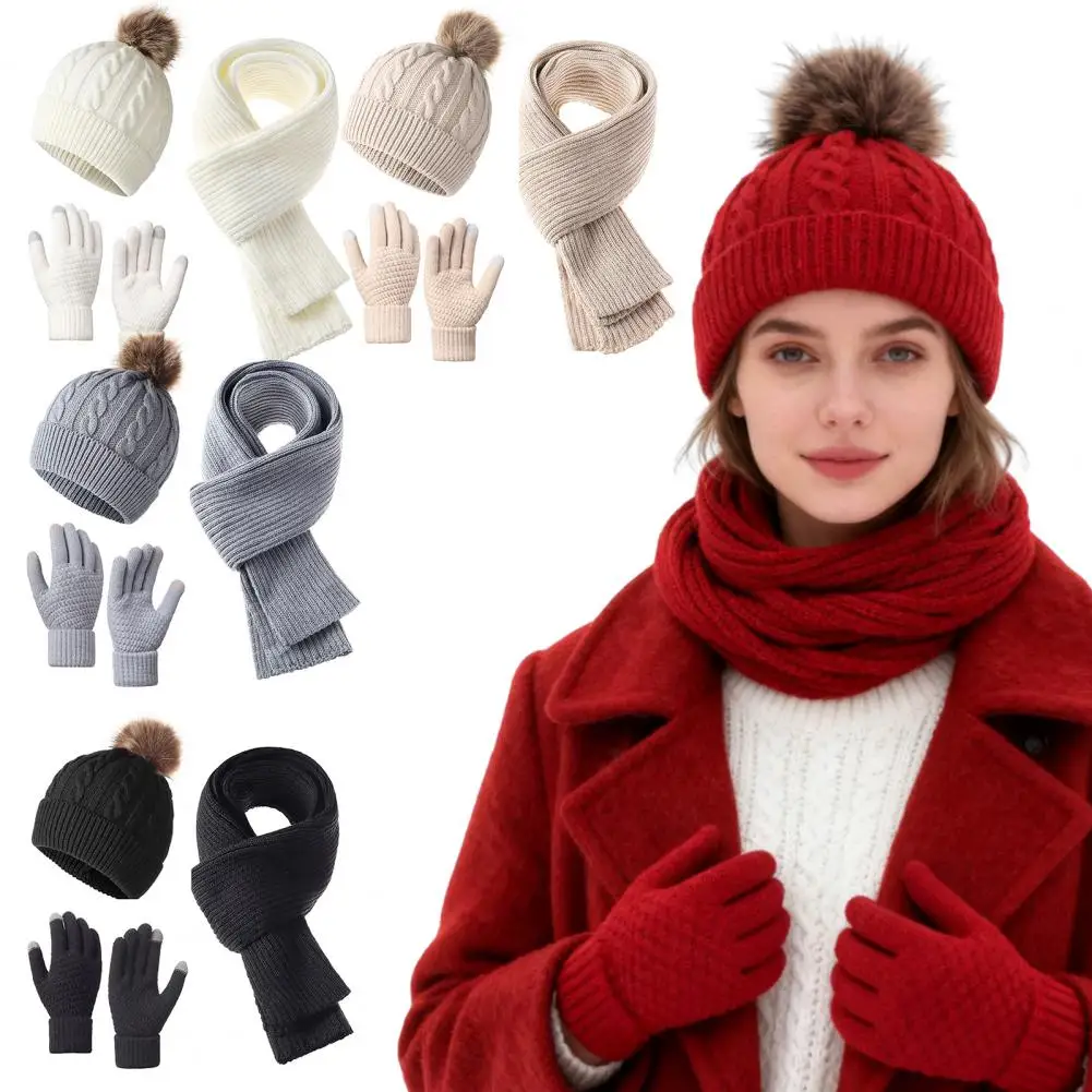 محبوك قبعة وشاح قفاز مجموعة النساء الشتاء قبعة وشاح قفازات مجموعة أفخم الكرة ديكور تويست الملمس الحياكة قبعة وشاح طويل قفازات مجموعة