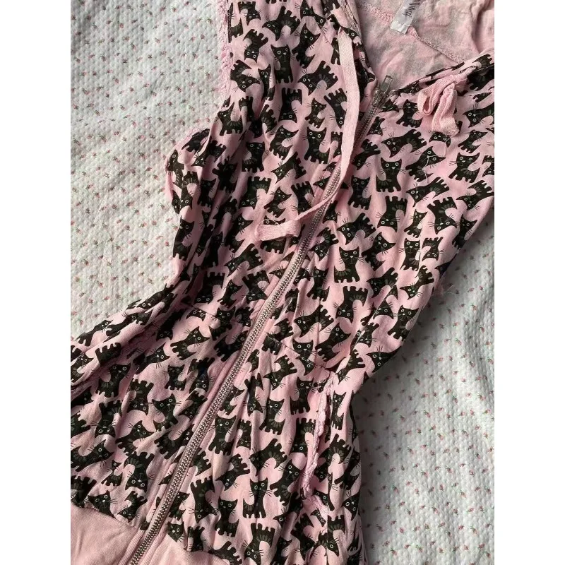 Chaleco con capucha con estampado de gato de subcultura americana, camisetas sin mangas con cremallera Punk rosa estéticas Harajuku, camisetas Retro de calle Hip Hop Hottie