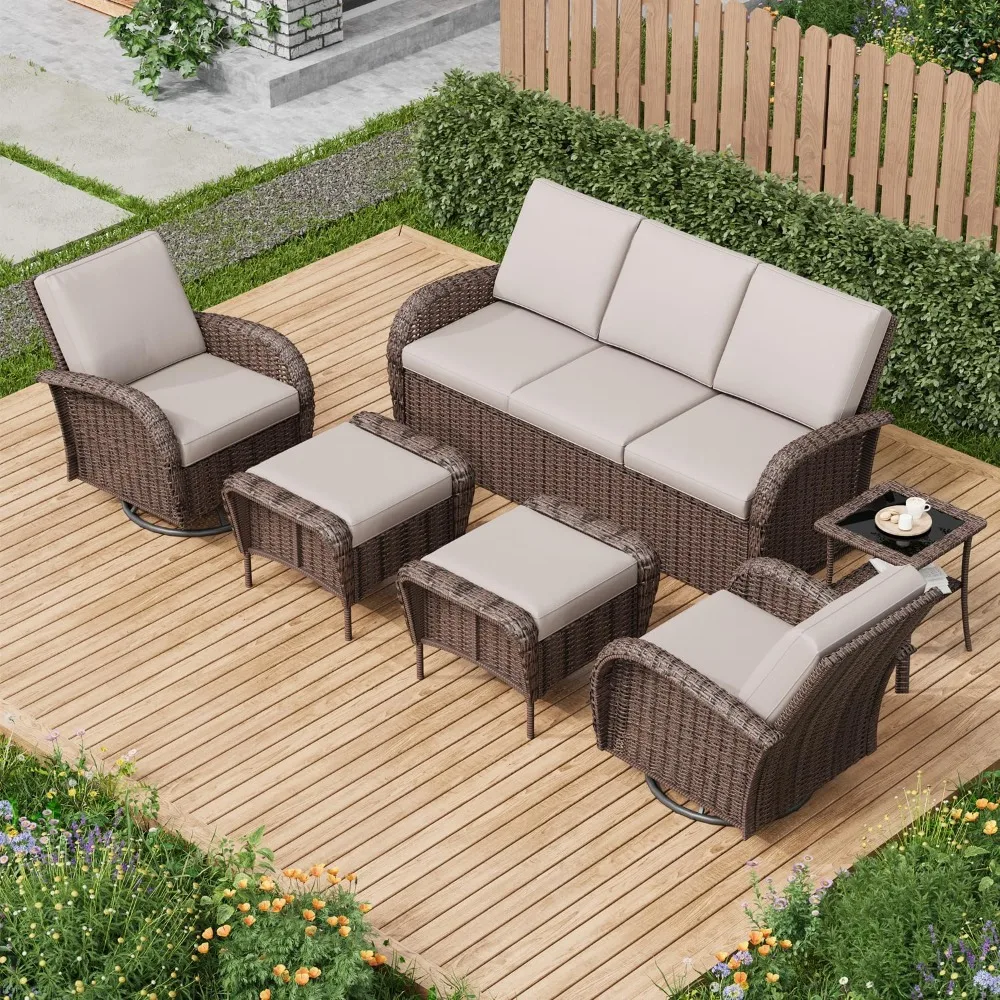 

Outdoor Swivel Chairs Set,6 Pieces Rattan Wicker Patio Furniture Set,Patio Conversation Sets with 3-Seat Sofa,2 Ottomans,1 Temp