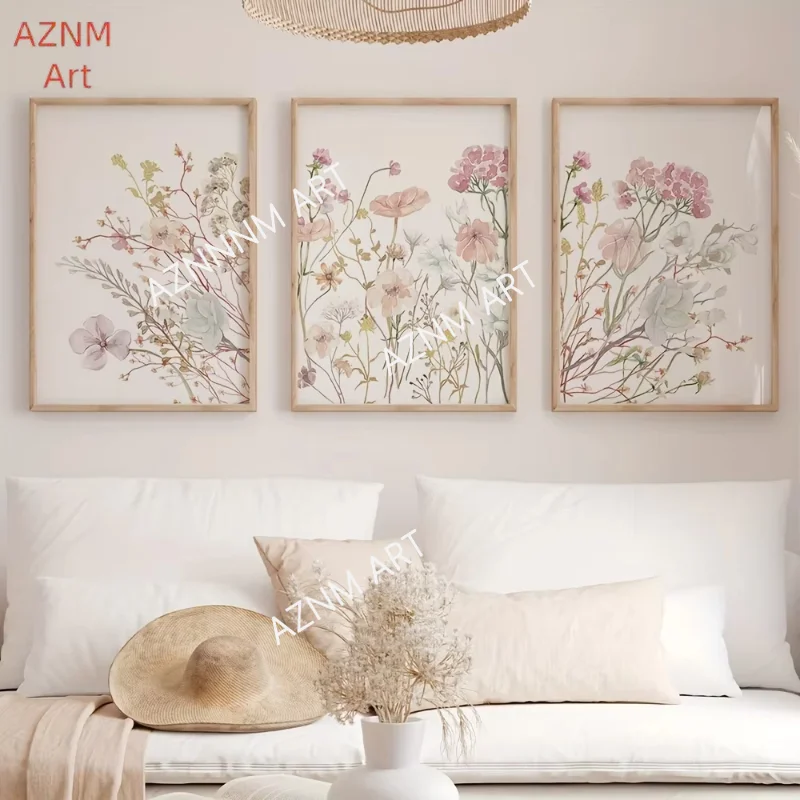 1/3 Uds. Impresiones artísticas de pared de flor de salvia verde y rosa, carteles en lienzo de arte moderno botánico, decoración de pared Floral Neutral, decoración de pared de galería