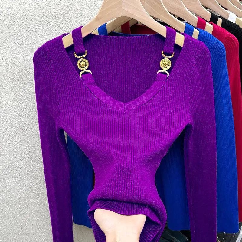 Solid Color Undercoat Sweater Ladies Fashion Long Sleeve Knitting Tops Autumn Winter Solid Color Pullovers Women\'s Clothing