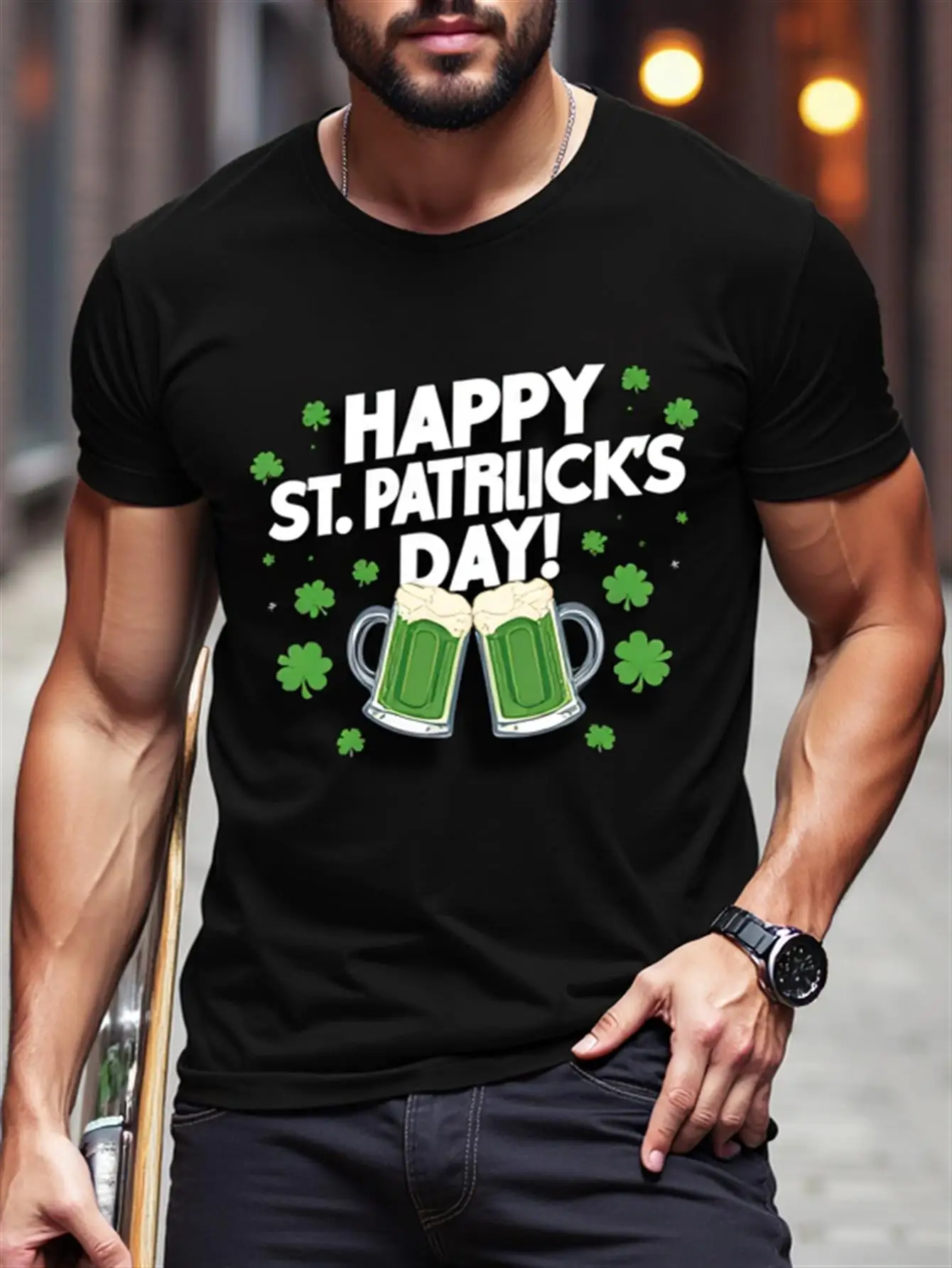 

Men's St. Patrick's Day T-Shirt, 100% Cotton, Irish Beer and Shamrock Pattern, Short-Sleeved, Round-Neck Casual Shirt with the Phrase Happy St. Patrick's Day, Ideal for Parties, Parades, and Everyday Wear.