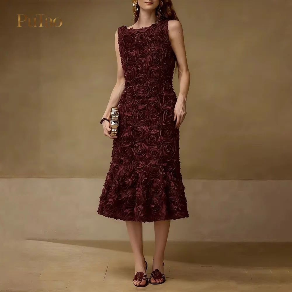Putao Burgundy 3D Floral Midi Evening Dress Sleeveless Round Neck Flared Hem A-line Formal Party Gown Women Wedding Guest Dress