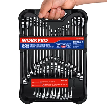 WORKPRO 32-teiliges SAE- und metrisches Ringmaulschlüssel-Set, 20-teilige Standardschlüssel und 12-teilige Stubby-Schraubenschlüssel mit Organizer