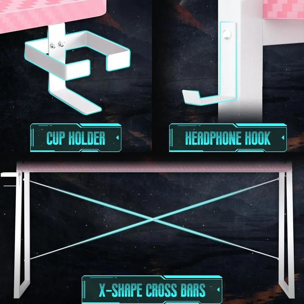 Escritorio para juegos rosa de fibra de carbono con iluminación LED con almacenamiento, aparador y tomas de corriente para 49 piezas en el dormitorio