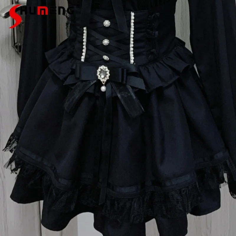 

Japanese Rojita Style Original Mass-produced Mine Series High-waisted Skirt Bud Suit Bow Lace Pearl Cute Skirts Women's Clothing