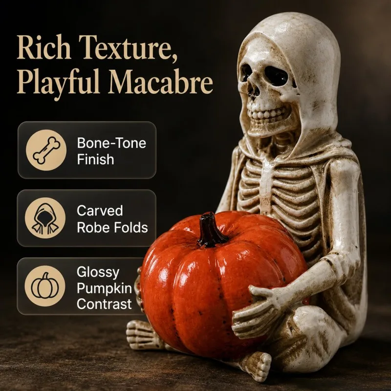 Vintage Distressed Bone-colored Skull Holding Pumpkin Decoration Cloaked Grim Reaper Skeleton Halloween Window Display