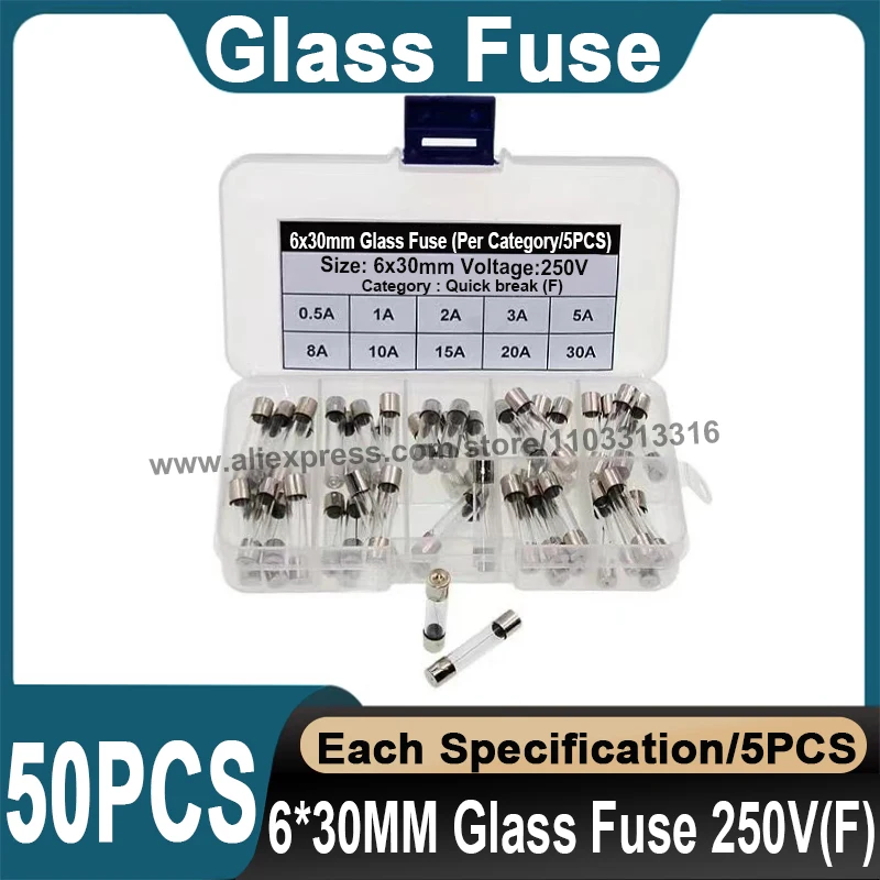 50~100Pcs/1Box 5x20mm 6x30mm Glass Fuse 5*20mm 6*30mm 250V 0.5A 1A 2A 3A 5A 8A 10A 15A 20A 30A Glass Fuse Quick Break