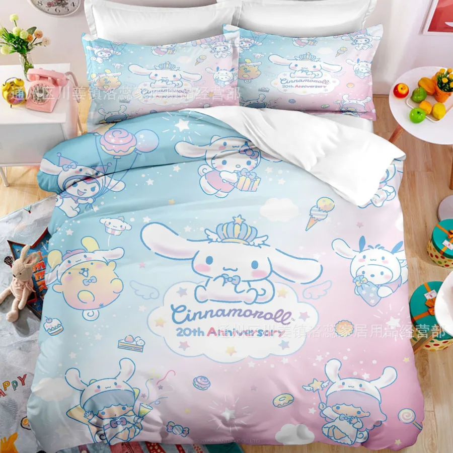 Cartoon Sanrio Duvet Cover Set Kawaii Cinnamoroll Quilt Cover Pillowcase Set Kids Girls Comfortable Bed Sets Full Twin King Size