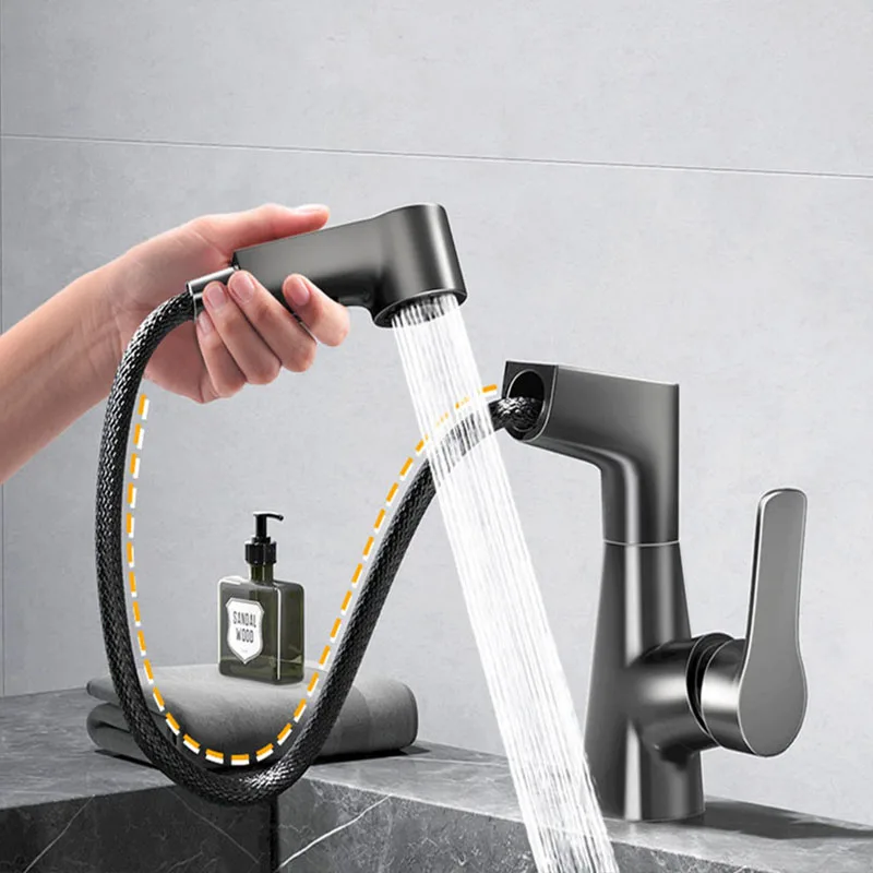 Dual-function Pull-down Bathroom Sink Faucet: Adjustable Height,, Anti-leak Brass Core, 360° Rotation, Black/Silver/White