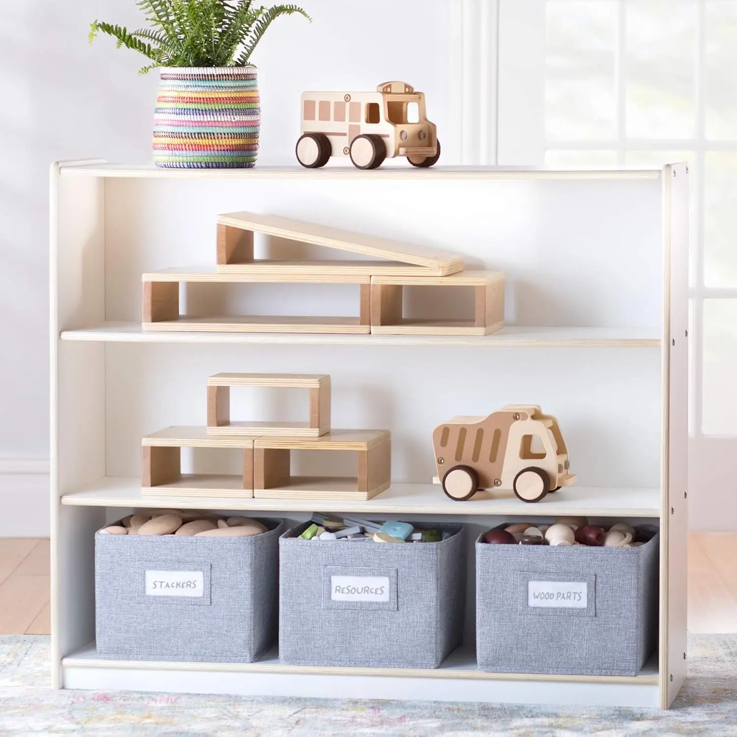 Three Shelf Open Storage White with 3 Fabric Bins: Wood Bookshelf and Toy Organizer for Kids and Teachers; School Supply