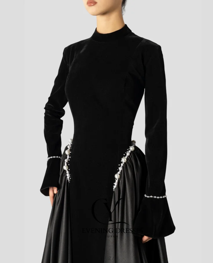 فساتين سهرة بأكمام طويلة وياقة عالية من CUYUN فساتين حفلة موسيقية طويلة مرقعة باللؤلؤ مخصصة لحفلات الزفاف الرسمية للضيوف