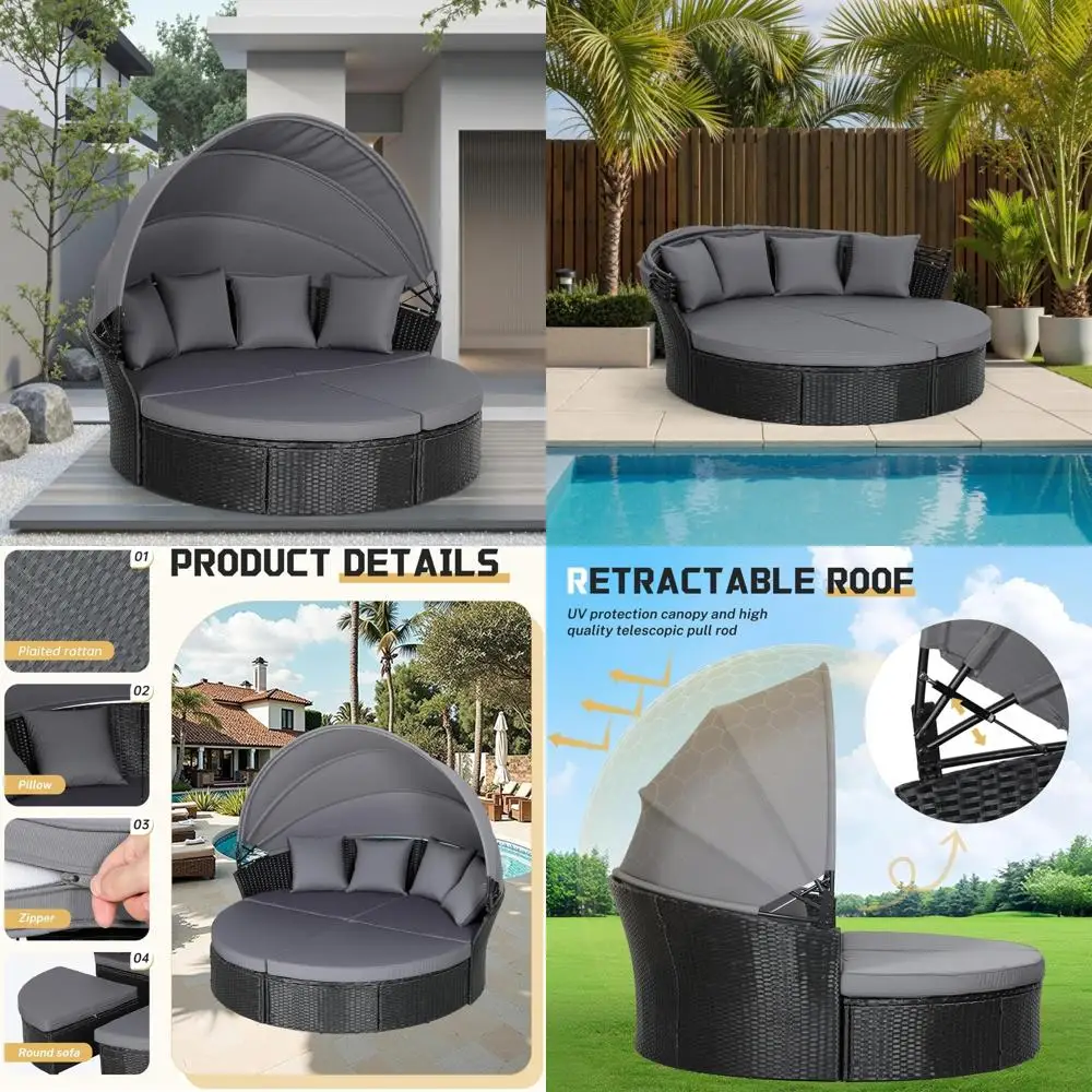 patio round daybed with retractable canopy, black wicker rattan sectional sofa furniture set with separated cushion seats for p