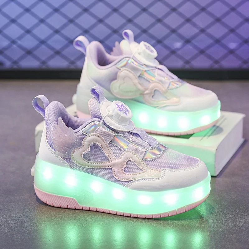 

New Outdoor Running Pulley Fashion Children's Sneakers Walking Shoes Girls Shoes Will Shine Skates Breathable Mesh Shoes