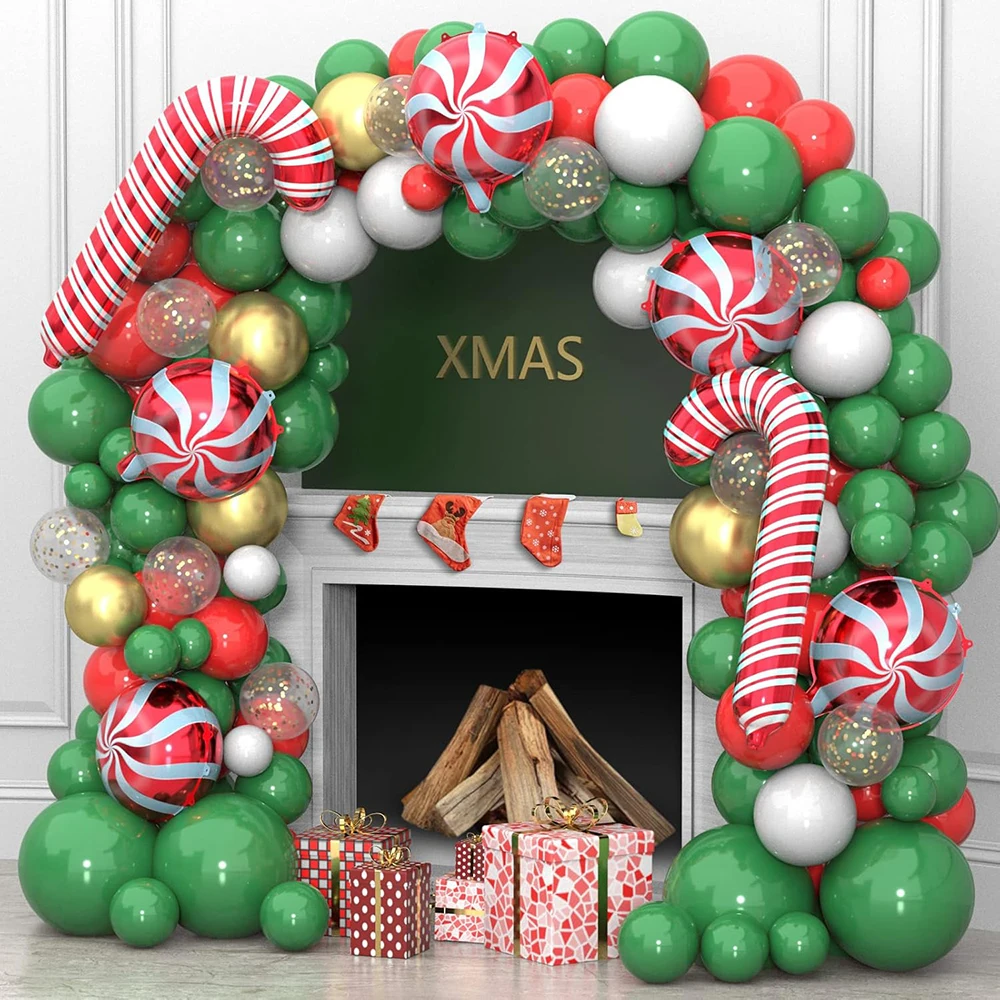 

Christmas Balloon Garland Arch Kit Xmas Candy Cane Foil Ballon Christmas Green Red Gold Balloons Party Decor New Year Decoration
