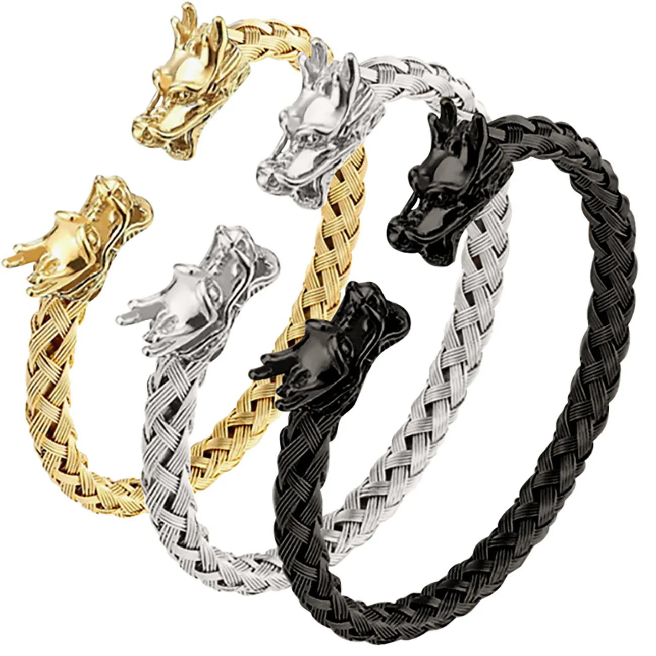 

Men's Double Headed Dragon Bracelet, Norwegian Viking Adjustable Stainless 6MM Braided Cord Open Bracelet