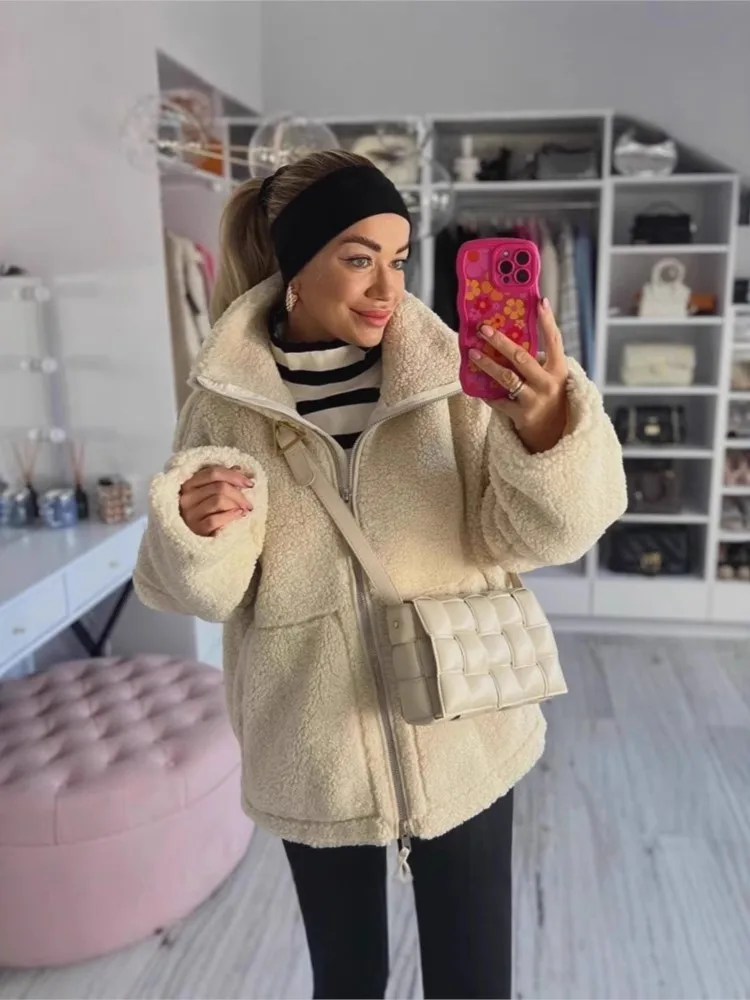 

Lamb Wool Jacket Women Winter Fashion Stand Collar Zipper Pocket Long Sleeve Tops Warm Thicken Fleece Coat Lady Solid Streetwear